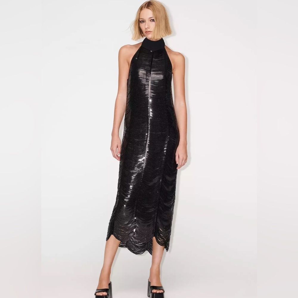 ZARA Black Sequin Knit Halter Midi Dress
